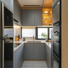 Modern compact kitchen design featuring stylish cabinetry and appliances