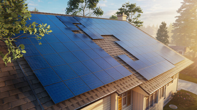 A close-up of a solar-paneled rooftop reflecting sunlight, promoting renewable energy solutions ai generated