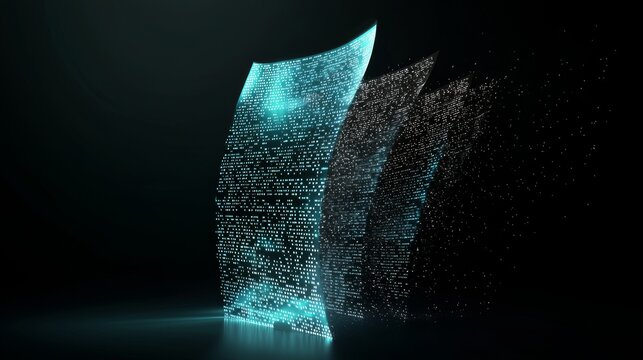 A futuristic holographic interface for managing files, featuring a folder structure with scanned documents and data, utilizing digital storage software and a cloud database to search and organize