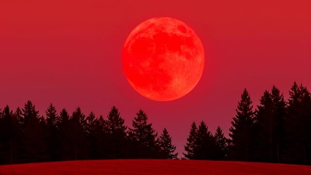 Dramatic blood moon rising over silhouette of pine forest against red sky. Full moon with visible craters in crimson hue. Natural phenomenon, astronomy. Halloween, horror films, Horizontal video
