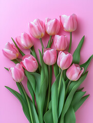 Obraz premium Flat lay of fresh pink tulips on a soft pastel pink