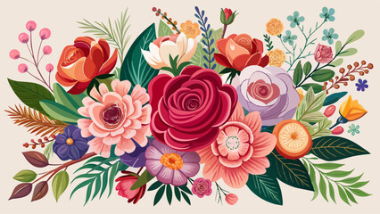 Beautiful romantic flower collection with roses, leaves, floral bouquets, flower compositions