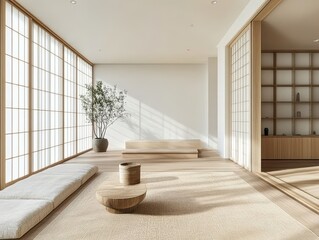 A minimalist zen interior design features natural wood elements