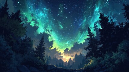 A mesmerizing night sky, alive with a luminous green and yellow aurora borealis. Stars twinkle brilliantly overhead, weaving a tranquil and captivating celestial tapestry