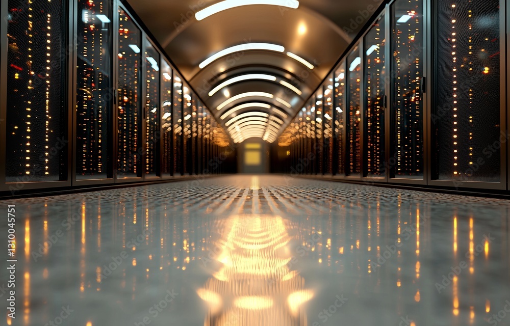 Poster a data center room filled with servers is illuminated by a bright bokeh light that shines down the c