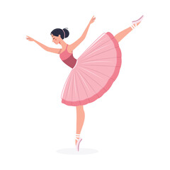 Fototapeta premium Pretty and gentle ballerina girl in dress dancing on white background. Poster, Banner, Flyer, Greeting Card. Vector illustration in flat cartoon style