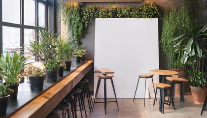 Trendy Caf Scene Vibrant Blank Canvas in a Lush Green Oasis with Large Window View, Radiating Serene Elegance and Creative Ambiance.