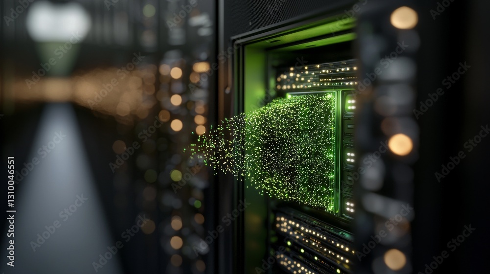 Poster the data center is showcased through a slow camera movement, highlighting server equipment with blin