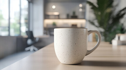 Side View of a Cappuccino Mug on an Office Desk with a Blurred Background and Spacious Side Area for Text or Message Placement copy space