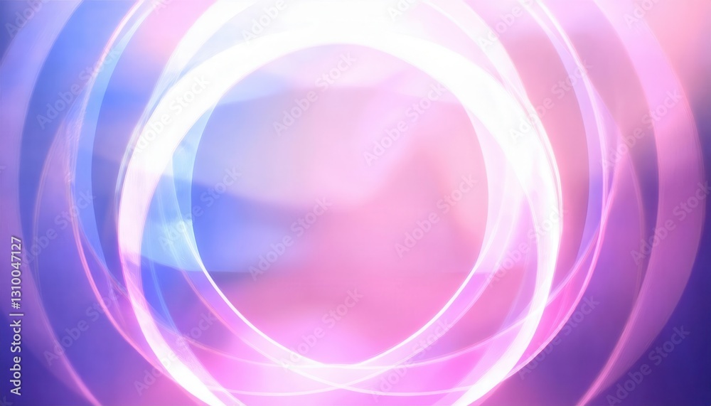 Poster glowing neon pink and purple concentric circles with soft gradient background, abstract light motion