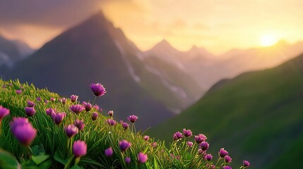 Fototapeta premium A serene image featuring a field of vibrant purple flowers framed by majestic mountains, illuminated by the radiant hues of sunset in the background