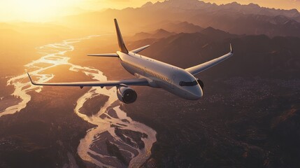 Fototapeta premium Airplane sunset flight river valley travel (2)