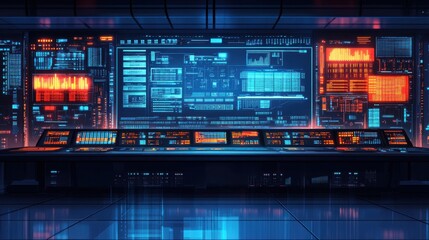 Futuristic Control Room: Data Center Monitoring with Blue and Orange Displays