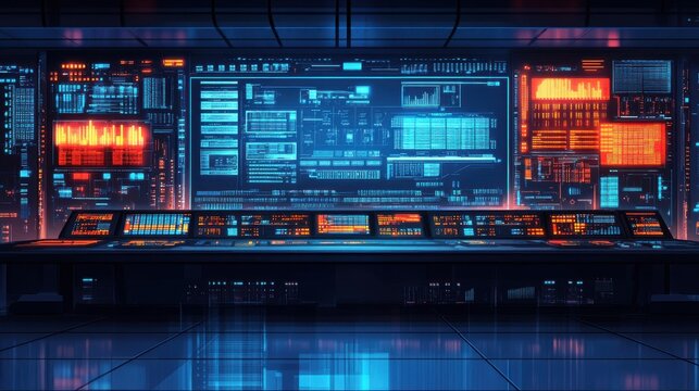 Futuristic Control Room: Data Center Monitoring with Blue and Orange Displays