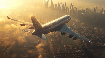 Fototapeta premium Airplane landing, city sunrise, travel, aerial view