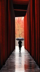 Fototapeta premium Someone navigating a long passageway, shielded by an umbrella.