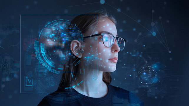 A woman wearing glasses, surrounded by futuristic digital interface projections ai generated