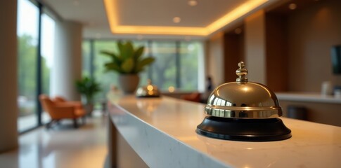 Modern hotel reception area, polished bell on counter, stylish, key