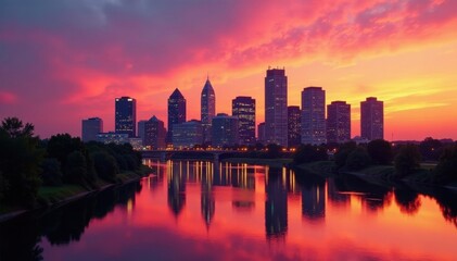 Fototapeta premium Modern Jackson MS skyline, buildings at sunset, photography, evening, silhouette