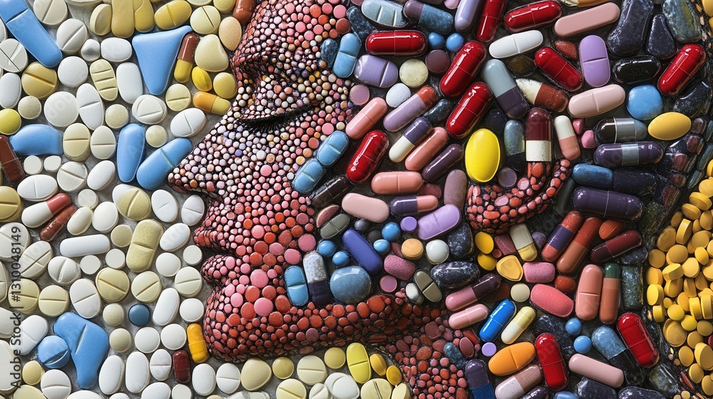 Poster intricate mosaic art showcasing a human silhouette crafted from colorful pills in a detailed arrange