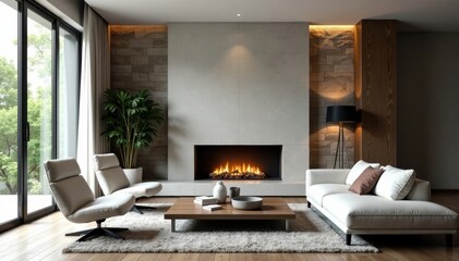 Modern living room, stone feature wall, minimalist fireplace, rug, beige