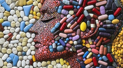 Intricate mosaic art showcasing a human silhouette crafted from colorful pills in a detailed arrangement Generative AI
