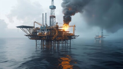 A massive industrial offshore oil rig engulfed in flames in the middle of the open ocean