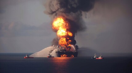 An oil rig engulfed in flames in the middle of the ocean and  jets of water from emergency response efforts attempt to extinguish the fire