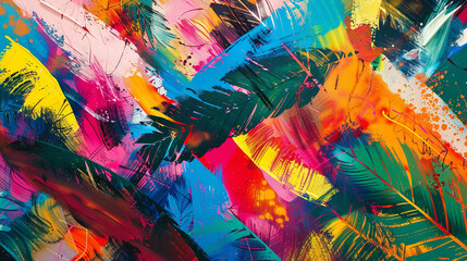 A dynamic graffiti mural bursting with bold colors, abstract strokes', and energetic splatters. 