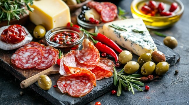 A vibrant spread of Italian antipasti showcases an array of cheese, cured meats, olives, and colorful garnishes, perfect for sharing with friends during a relaxed evening gathering