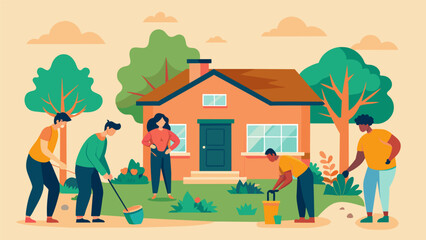 The finishing touches are added to the house with volunteers planting a garden and painting a welcoming front door.. Vector illustration