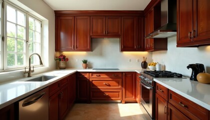 Rich cherry wood kitchen cabinets, gleaming countertops , dark, shine, style