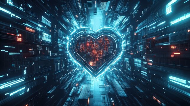Digital Heartbeat: Love in the Machine Age - Futuristic Abstract Network with Glowing Core - Powered by Adobe