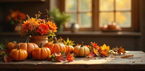 Rustic autumn table, pumpkins, flowers, warm light, photography, room