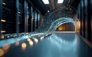 A data center server room features server racks in a computer network security setup, as depicted in a 3D rendering