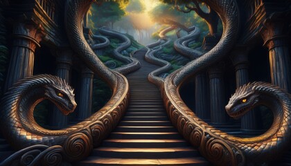 Obraz premium Two majestic serpents coil around an ancient staircase under glowing trees in a magical forest.