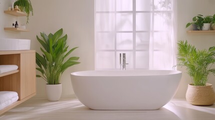 Serene Bathroom Oasis: A contemporary bathroom bathed in natural light, featuring a luxurious freestanding bathtub, lush plants, and minimalist design elements.