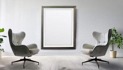 Spotless Office Space Illuminated by Soft Daylight, White Armchairs and an Empty Canvas in a Minimalistic Modern Setting, Exuding Tranquility and Inspiration.