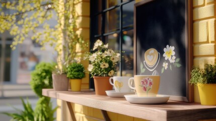 Charming outdoor cafe display with colorful cups and flowers in springtime