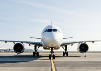 Front view of a modern airplane on the runway at an airport