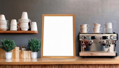 Cozy Coffee Shop Ambiance Vintage Wooden Shelf Holds Modern Coffee Machine Against a Minimalist Blank Frame, Creating a Harmonious Contrast in a Warm and Inviting Space