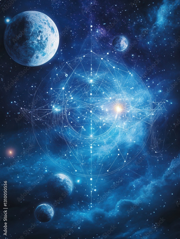 Aufkleber dreamy cosmic landscape featuring interconnected symbols and glowing lines in a vibrant nebula with 