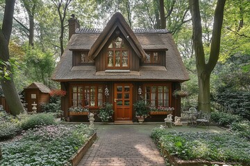 Charming thatched-roof cottage nestled in a lush forest garden