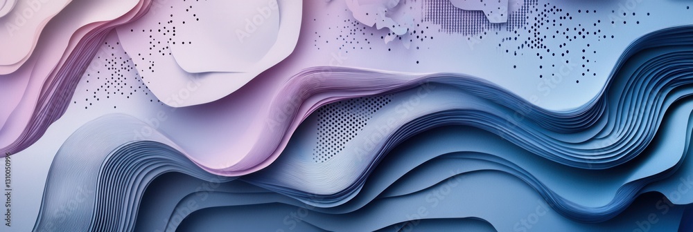 Poster futuristic layered paper art background blending digital elements with cool tones of blue, purple, a