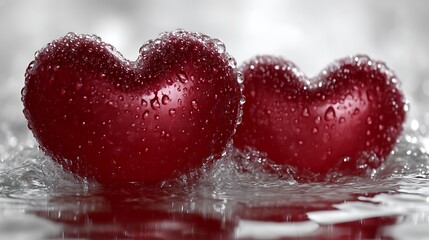 Two Red Hearts Dripping Water Over A Gentle White Background