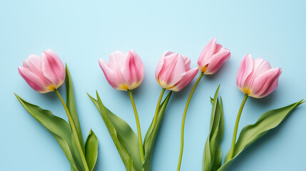 Fototapeta premium Flat lay of fresh pink tulips on a soft pastel blue