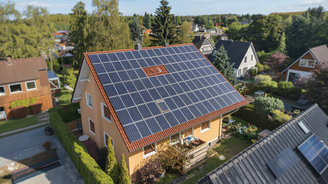 A house in a suburban neighborhood covered with solar panels, promoting renewable energy ai generated