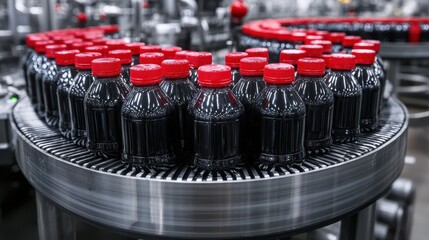 Obraz premium Bottled Beverage Production: Automated Conveyor System with Red-Capped Bottles