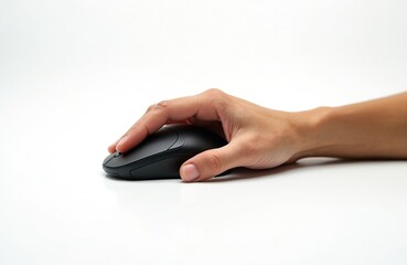 Hand on wireless computer mouse. Finger presses button. Modern technology accessory for office work, online surfing, gaming. Black input device on white background, ergonomic design.