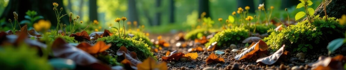 forest floor with a mix of leaves and flowers, earthy tones,